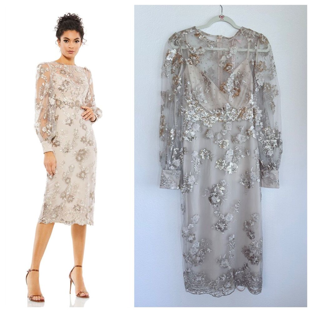 NWT Mac Duggal Bishop Sleeve Embroidered Midi Sheath Dress in Mocha Style 70237